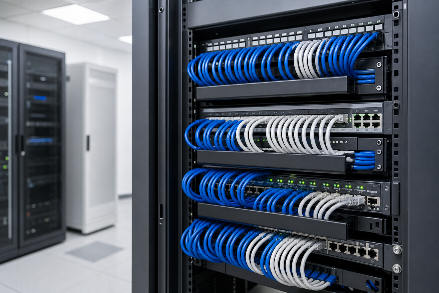Baie réseau avec câblage informatique structuré